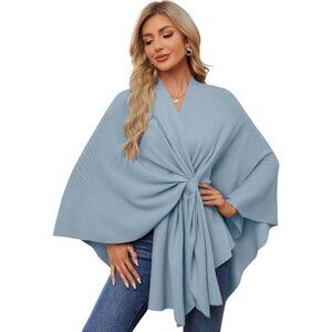 Women's Blue Elegant Open Poncho Sweater For Spring Fall Winter Shawl Wraps